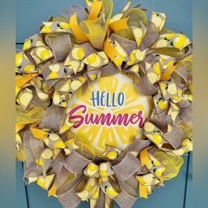 Hello Summer Lemon Wreath — Handmade Deco Mesh Burlap Front Door Decor 26”